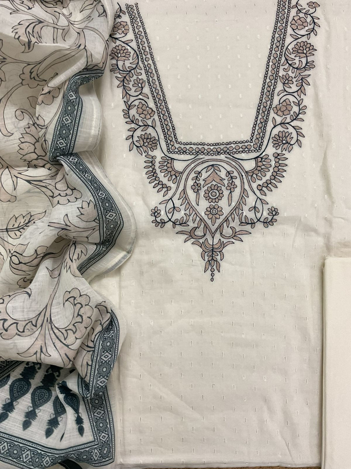 Pure Fine Cotton Self Weaved Printed Embroidered Suit - Off White