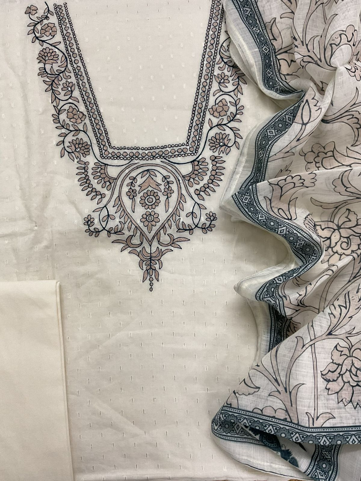 Pure Fine Cotton Self Weaved Printed Embroidered Suit - Off White