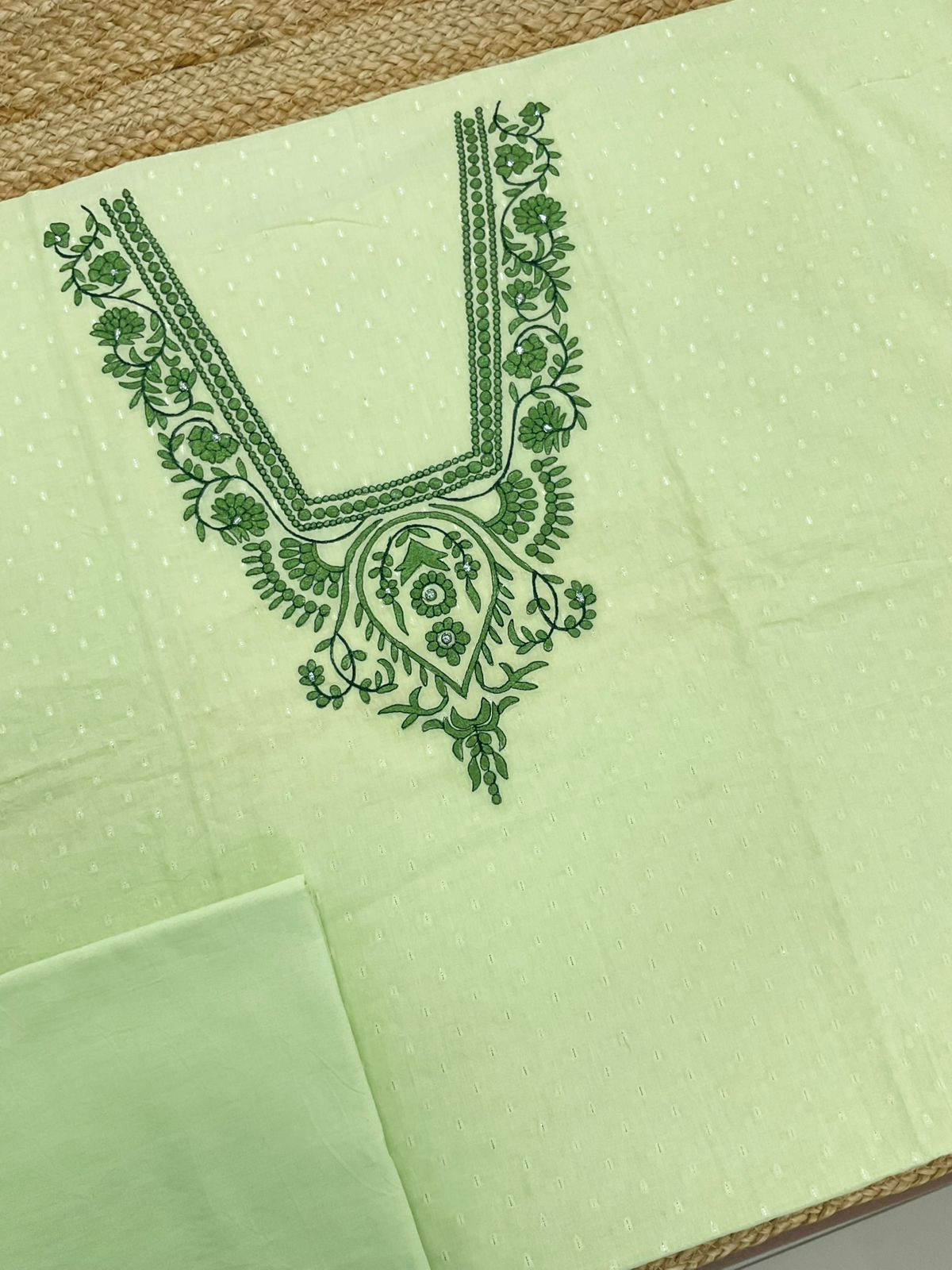 Pure Fine Cotton Self Weaved Printed Embroidered Suit - Green