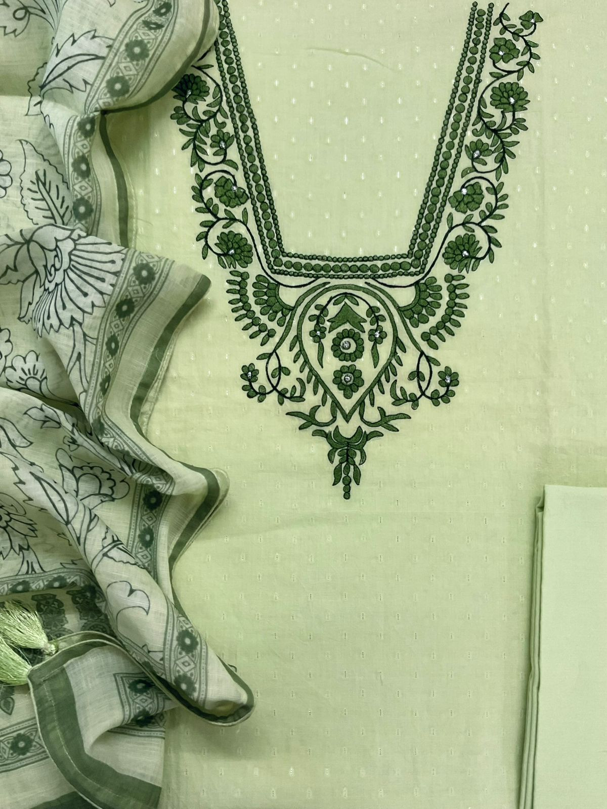 Pure Fine Cotton Self Weaved Printed Embroidered Suit - Green