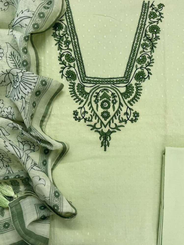 Image of Pure Fine Cotton Self Weaved Printed Embroidered Suit - Green