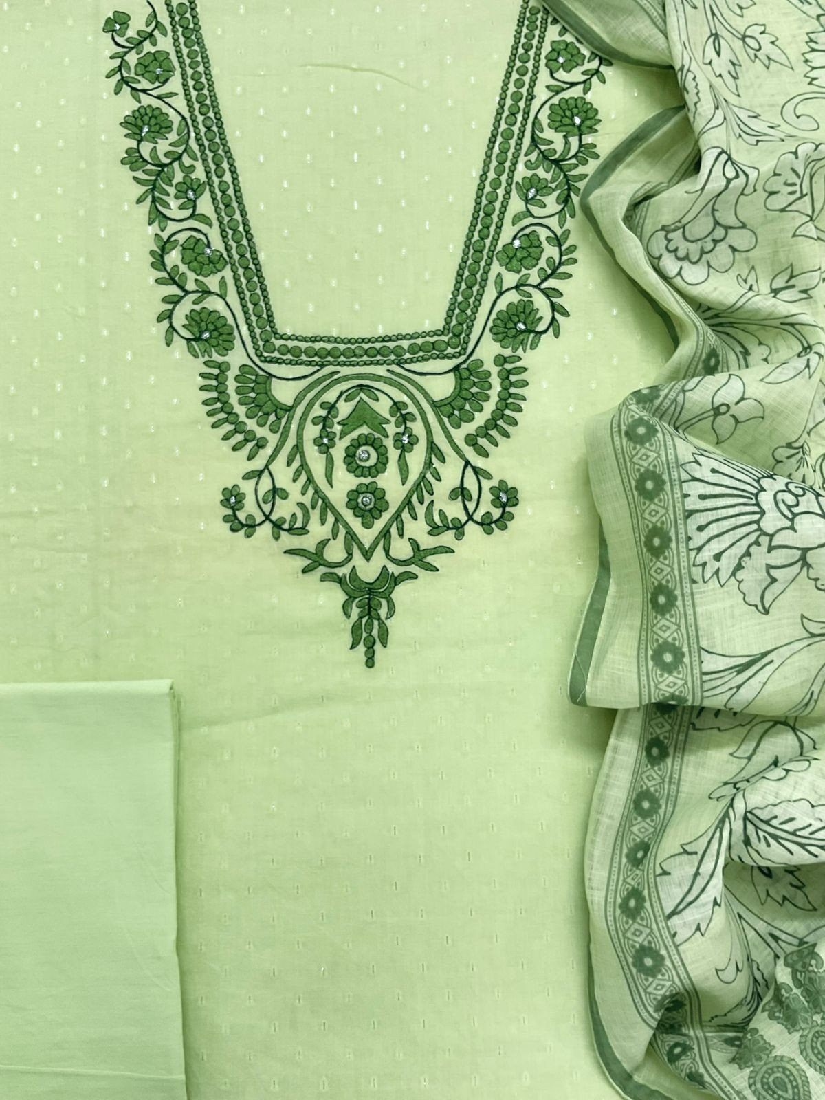 Pure Fine Cotton Self Weaved Printed Embroidered Suit - Green