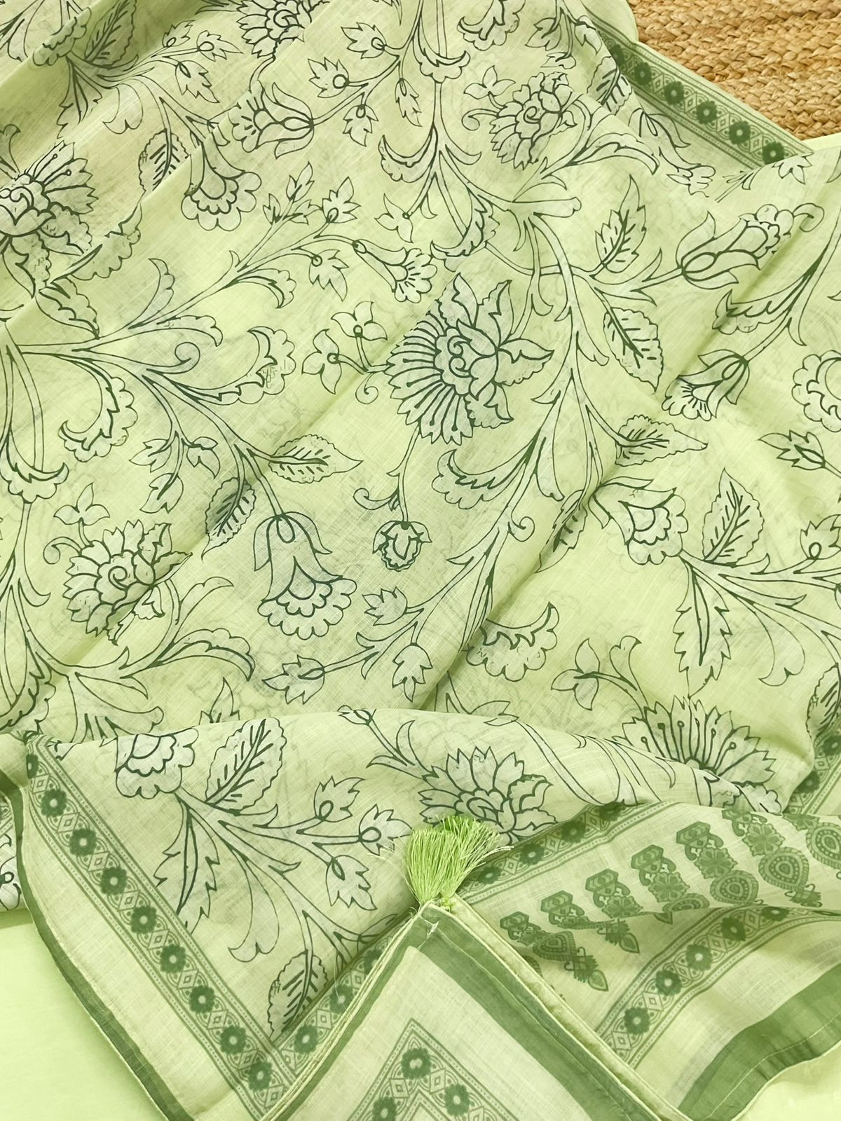 Pure Fine Cotton Self Weaved Printed Embroidered Suit - Green