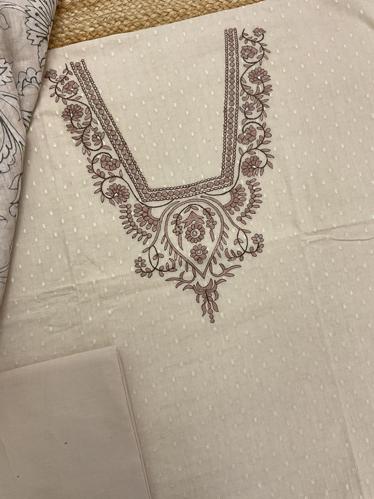 Pure Fine Cotton Self Weaved Printed Embroidered Suit - Beige