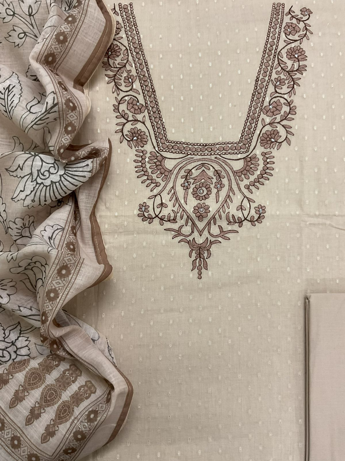 Pure Fine Cotton Self Weaved Printed Embroidered Suit - Beige