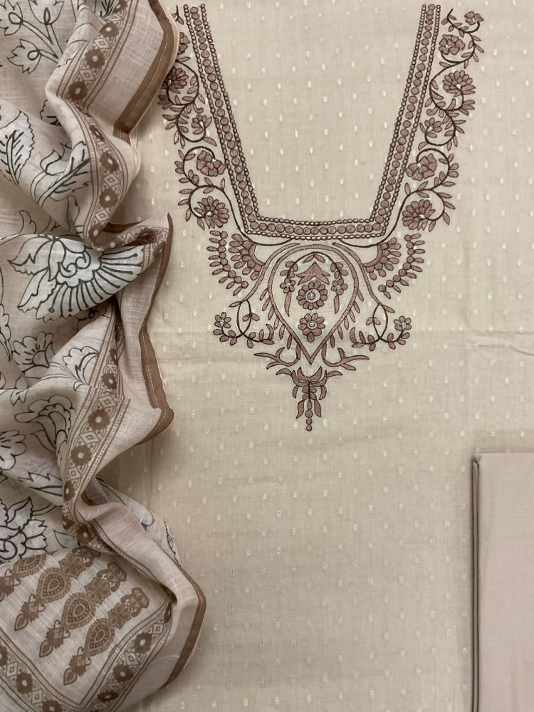Image of Pure Fine Cotton Self Weaved Printed Embroidered Suit - Beige