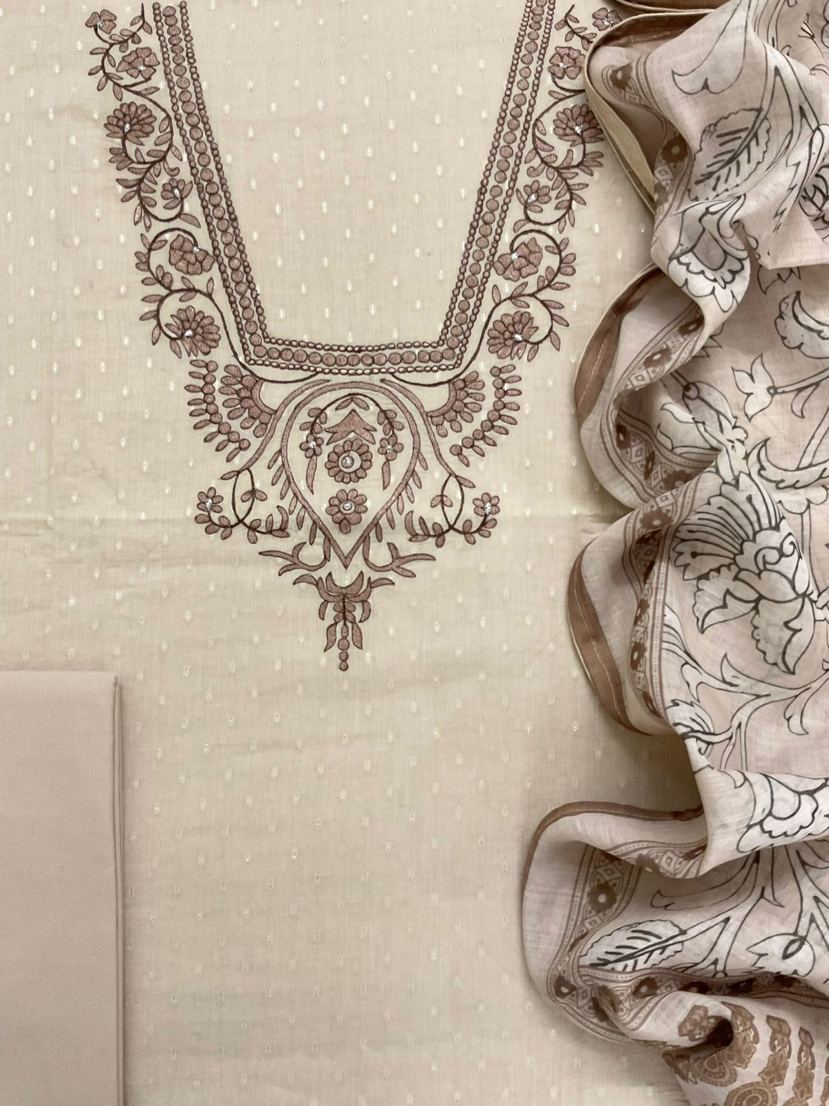 Pure Fine Cotton Self Weaved Printed Embroidered Suit - Beige