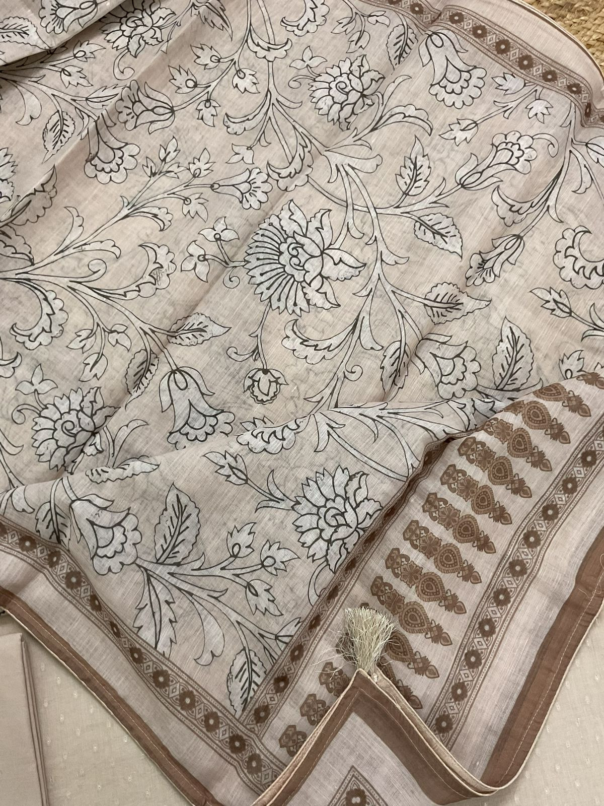 Pure Fine Cotton Self Weaved Printed Embroidered Suit - Beige