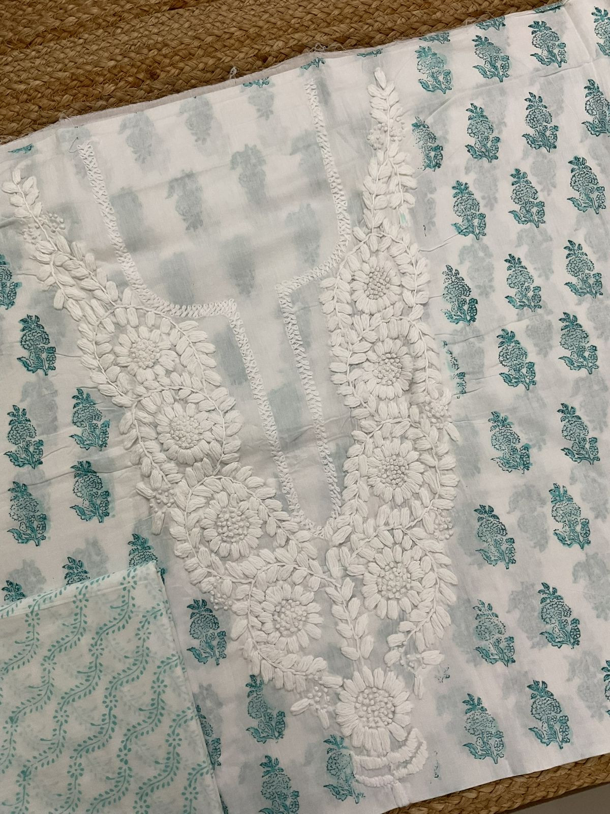 Pure Cotton Printed Embroidered Suit - White