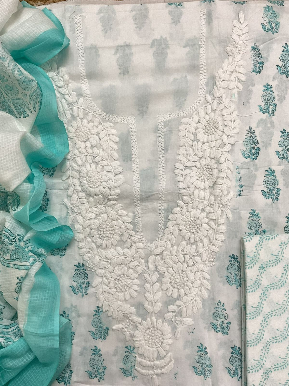 Pure Cotton Printed Embroidered Suit - White