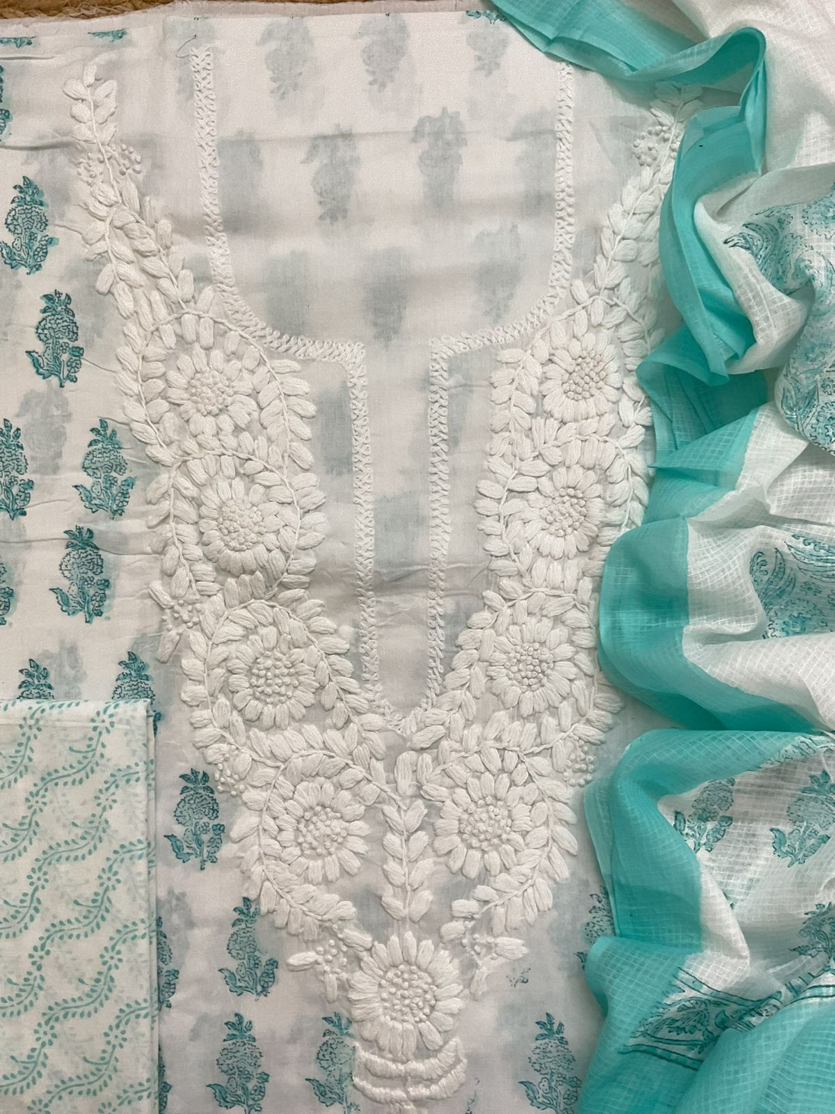 Pure Cotton Printed Embroidered Suit - White