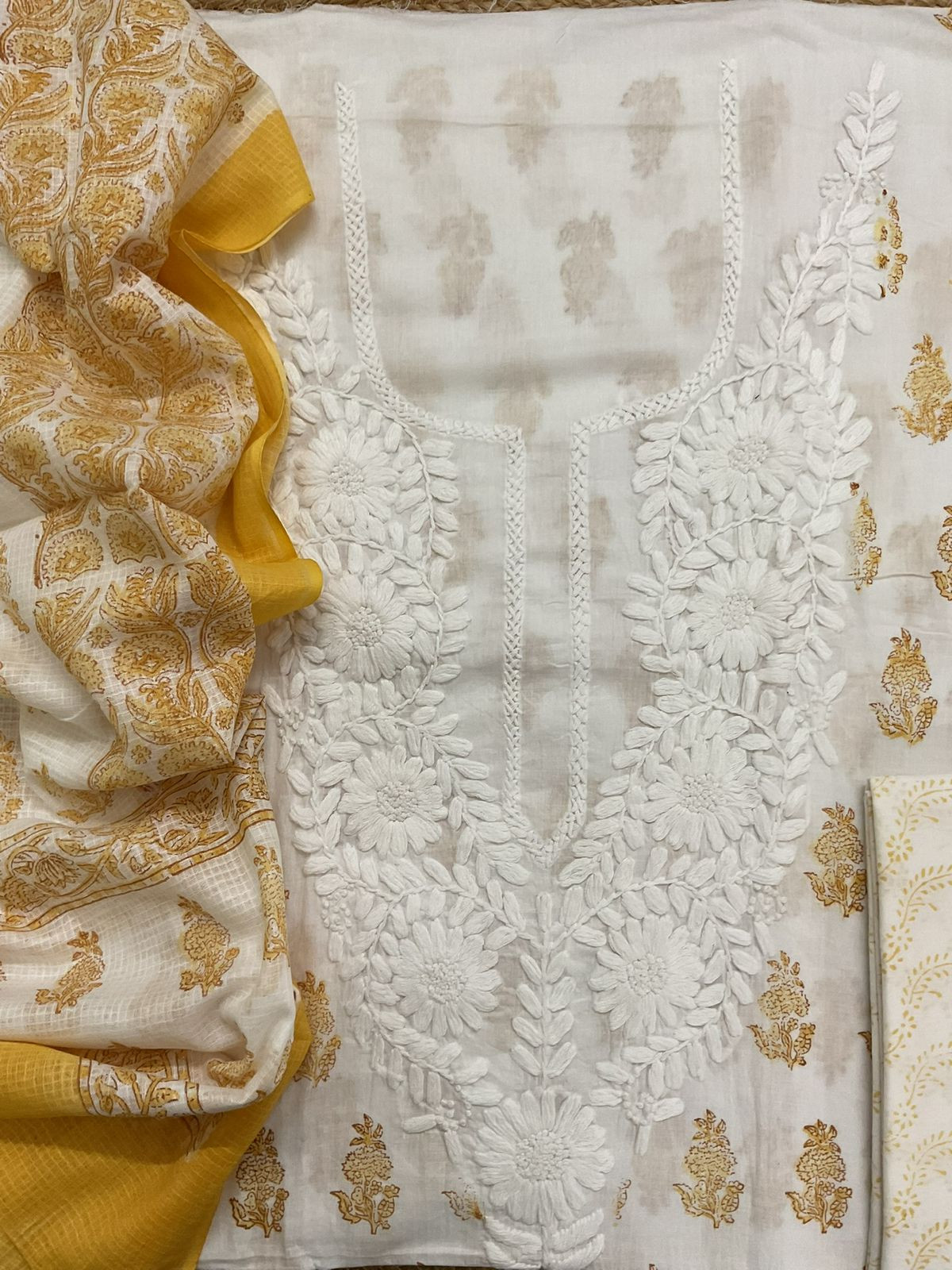Pure Cotton Printed Embroidered Suit - White