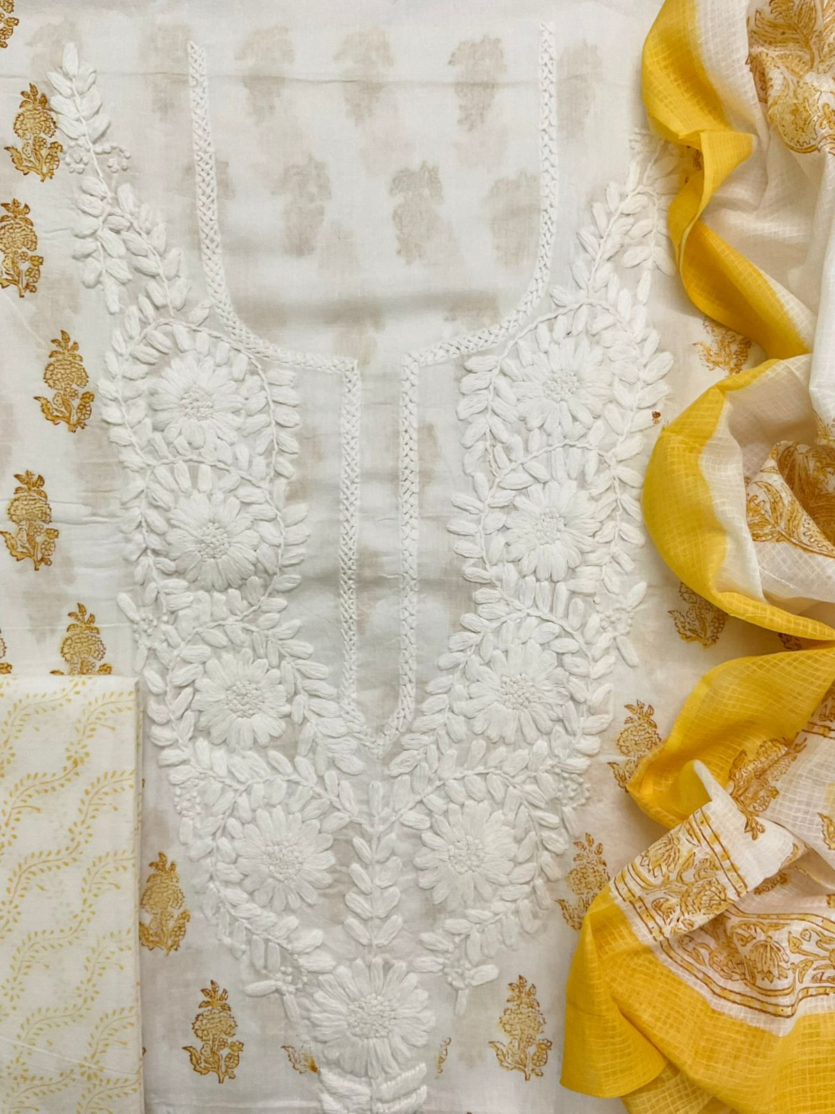 Pure Cotton Printed Embroidered Suit - White