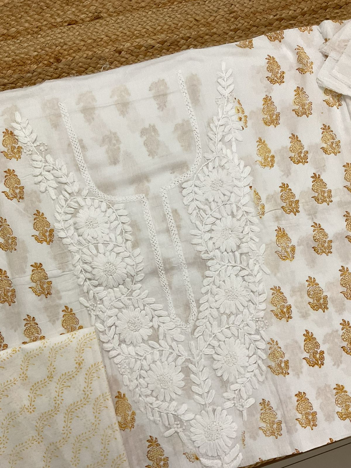 Pure Cotton Printed Embroidered Suit - White