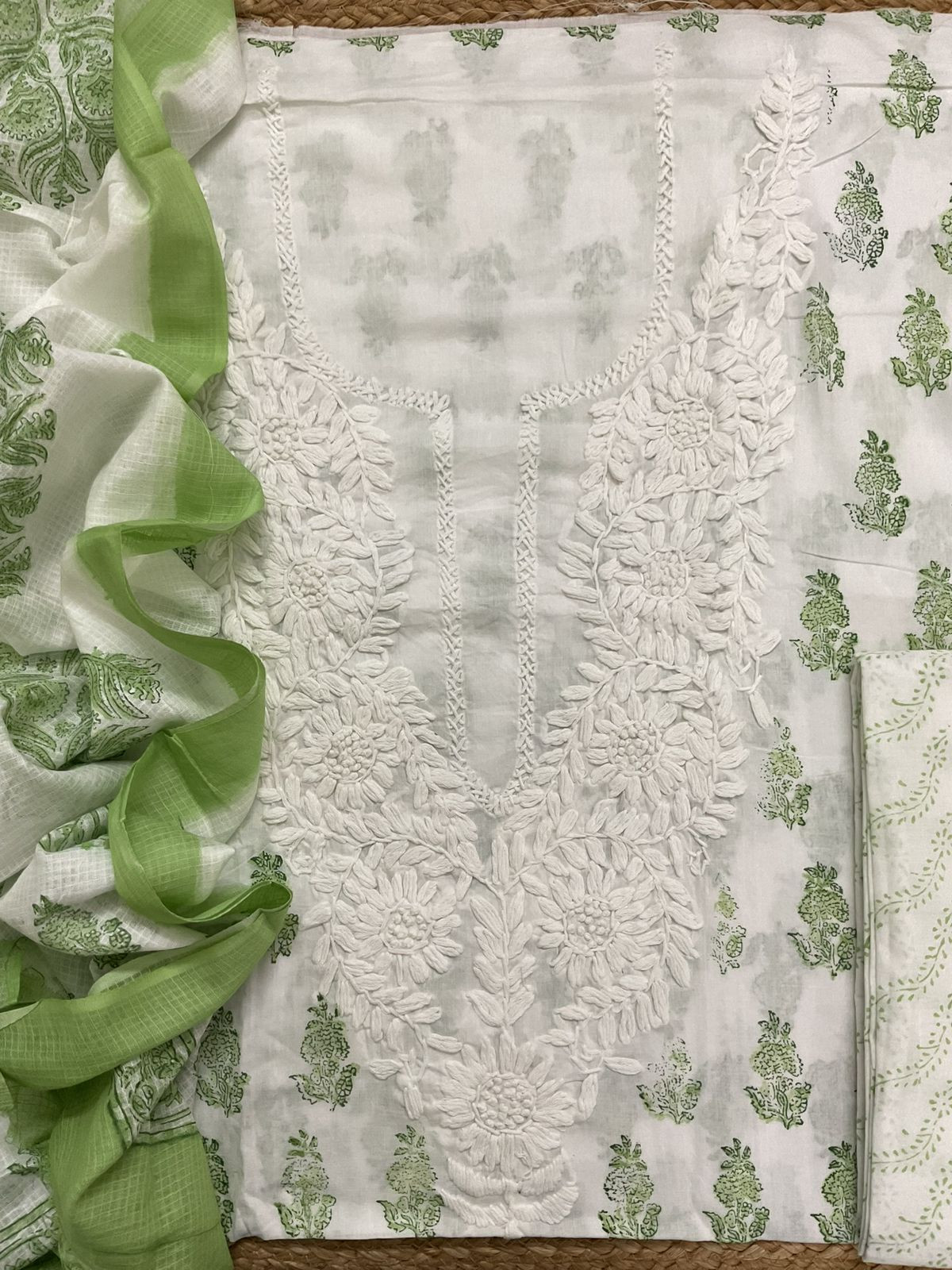 Pure Cotton Printed Embroidered Suit - White