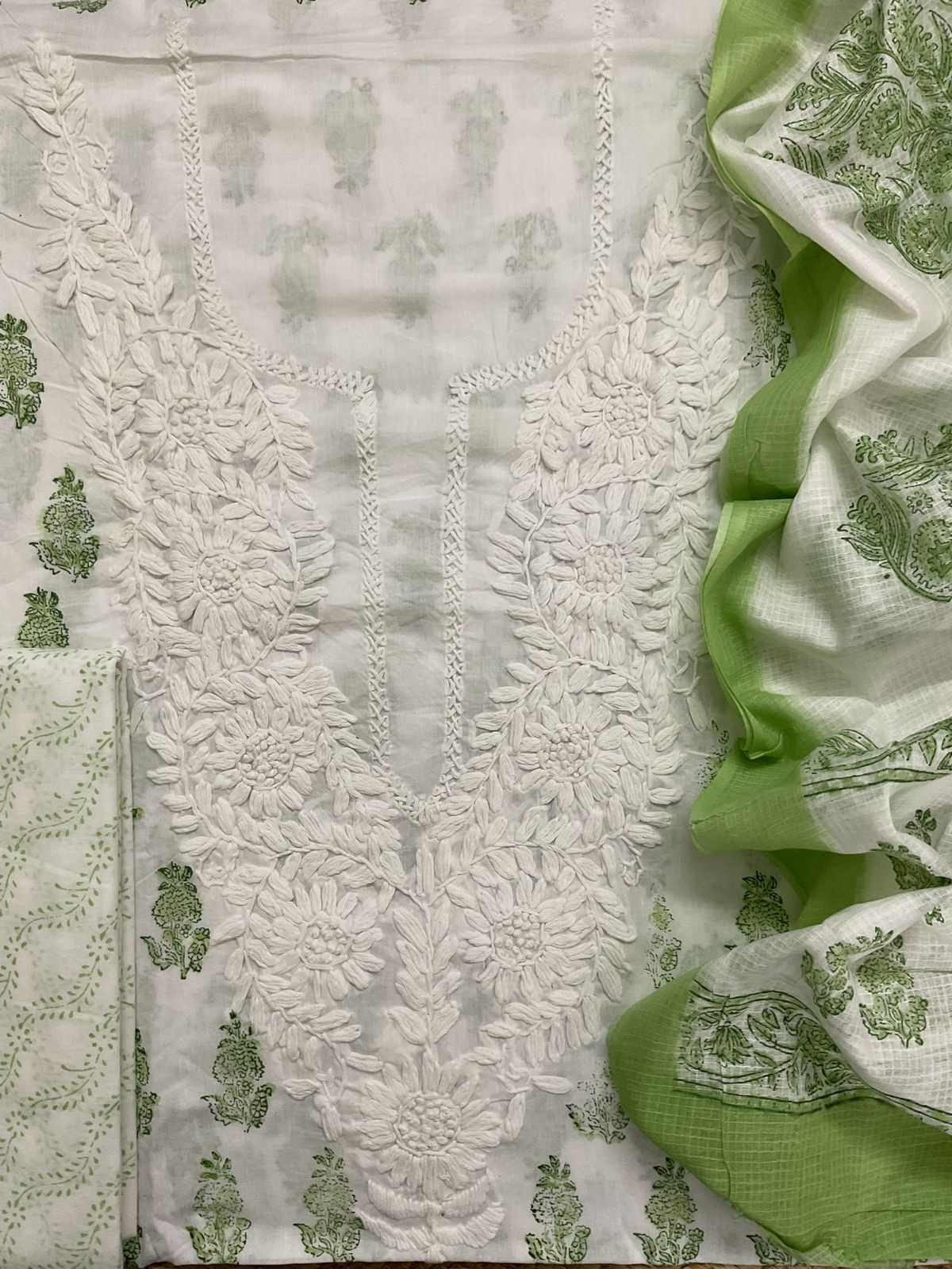 Pure Cotton Printed Embroidered Suit - White