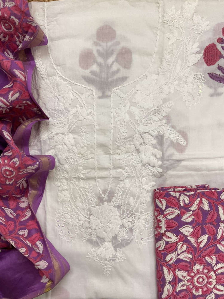 Image of Pure Cotton Printed Embroidered Suit - White