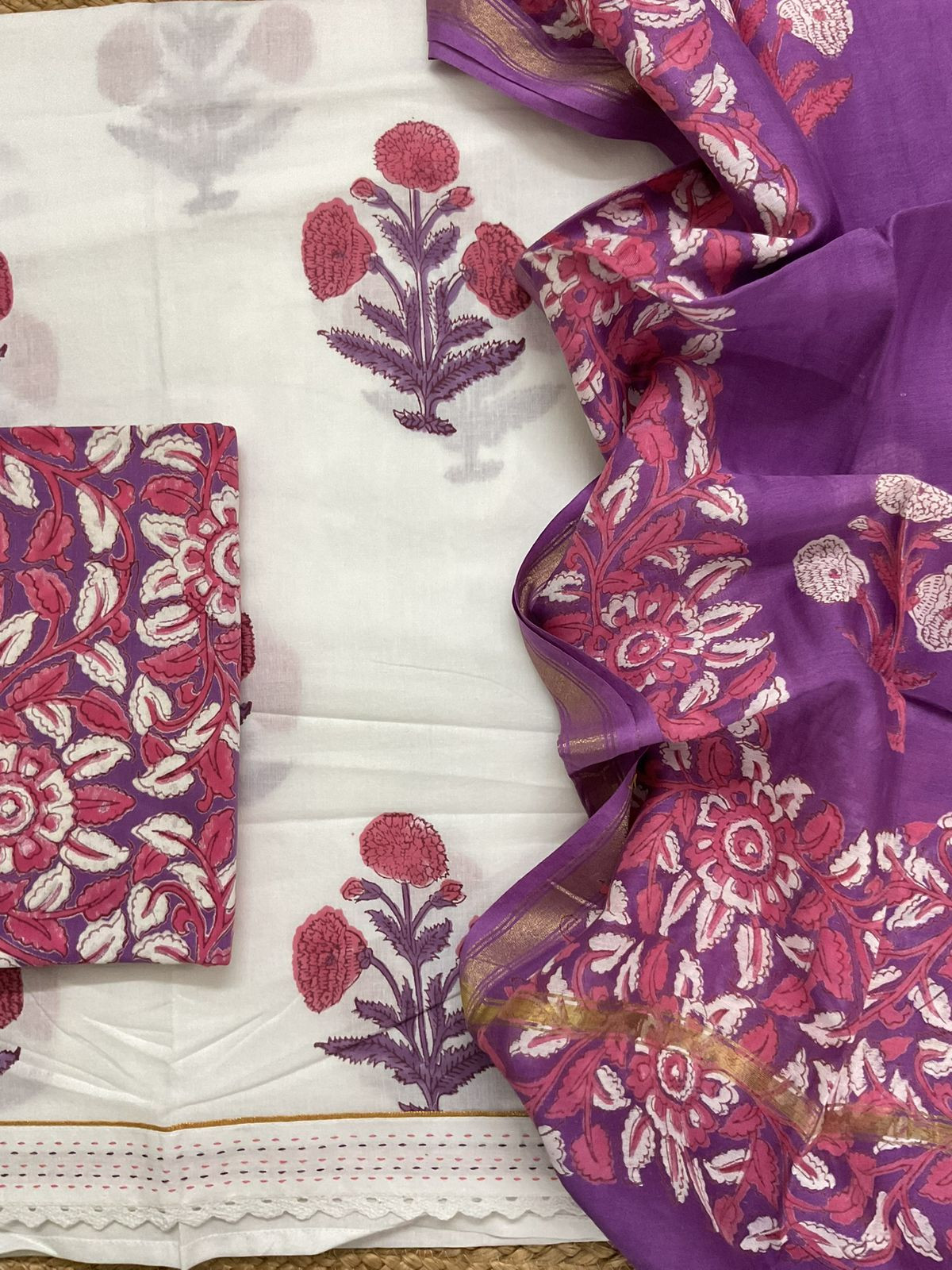 Pure Cotton Printed Embroidered Suit - White