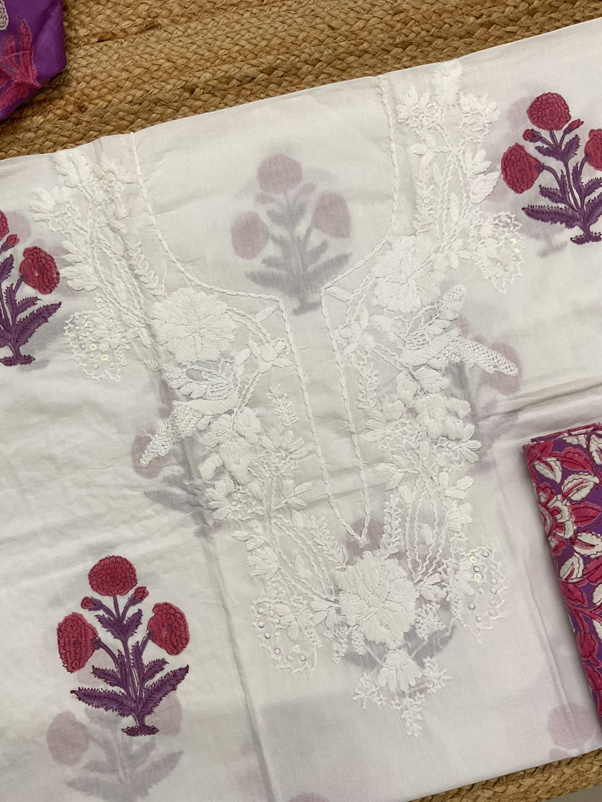Pure Cotton Printed Embroidered Suit - White