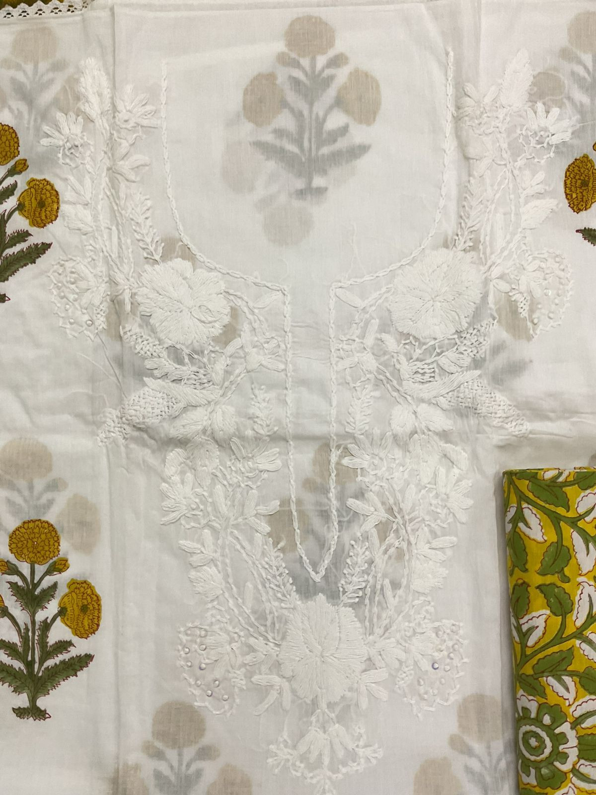Pure Cotton Printed Embroidered Suit - White