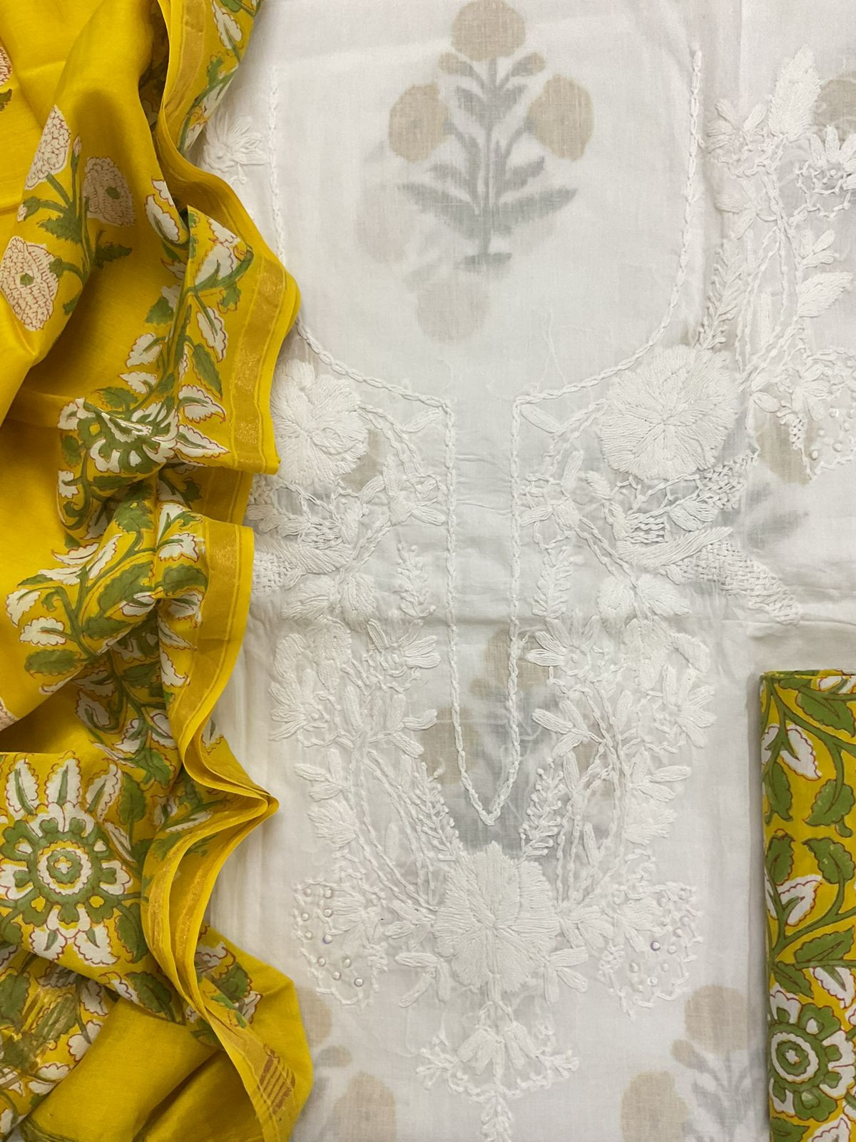 Pure Cotton Printed Embroidered Suit - White