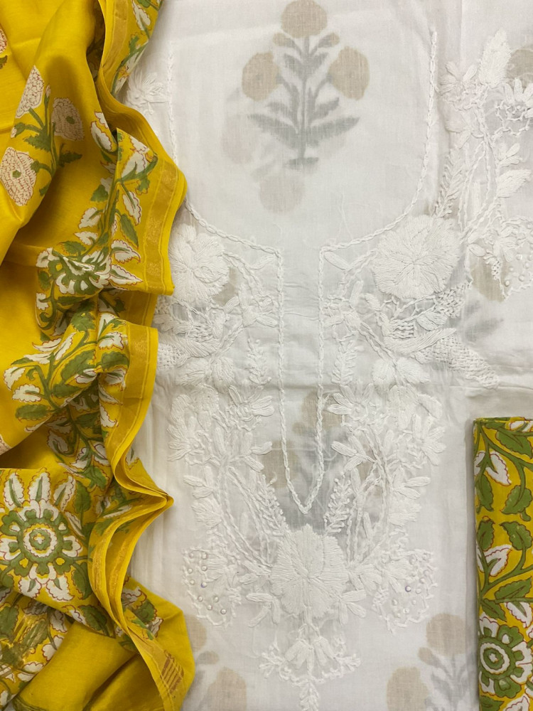 Image of Pure Cotton Printed Embroidered Suit - White