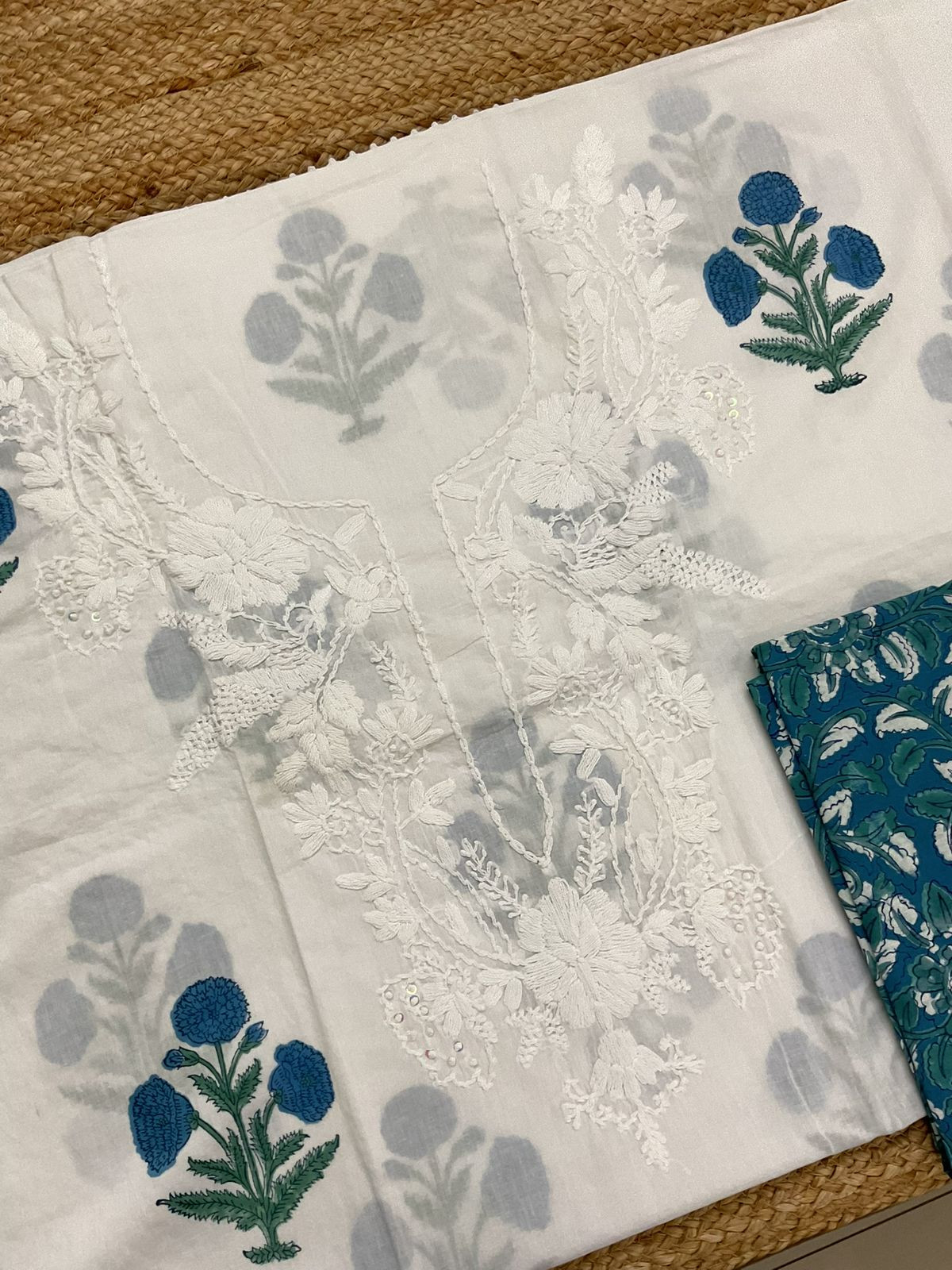 Pure Cotton Printed Embroidered Suit - White