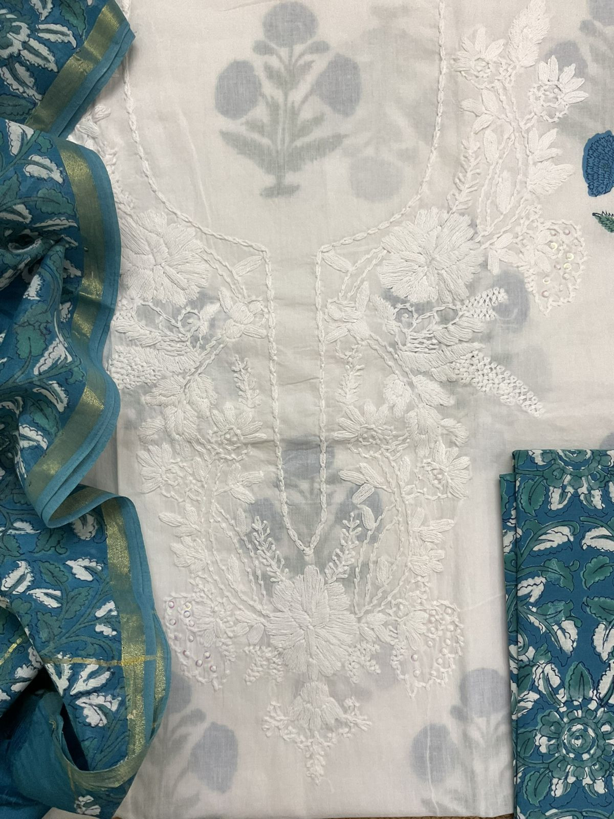 Pure Cotton Printed Embroidered Suit - White
