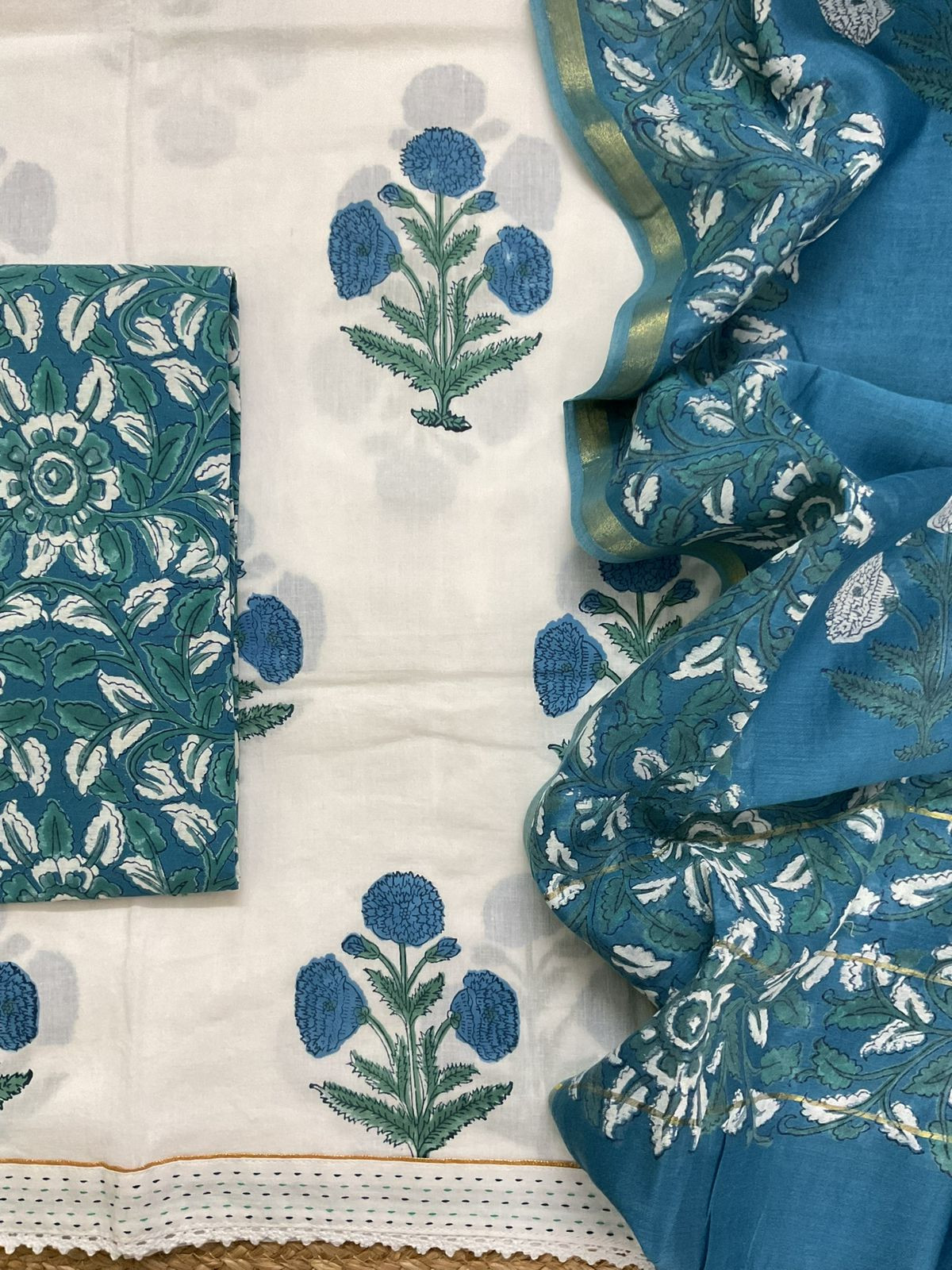 Pure Cotton Printed Embroidered Suit - White