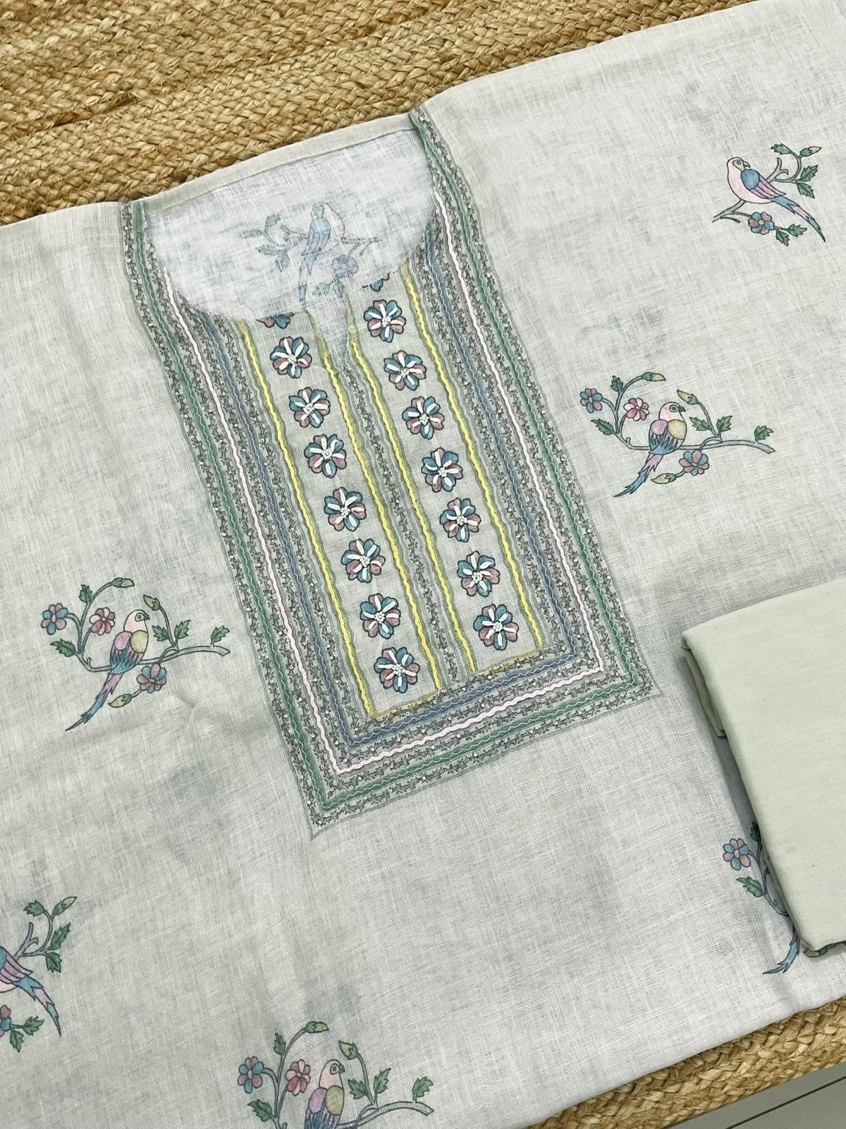 Soft Fine Linen Jute Cotton Printed Embroidered Suit - Grey