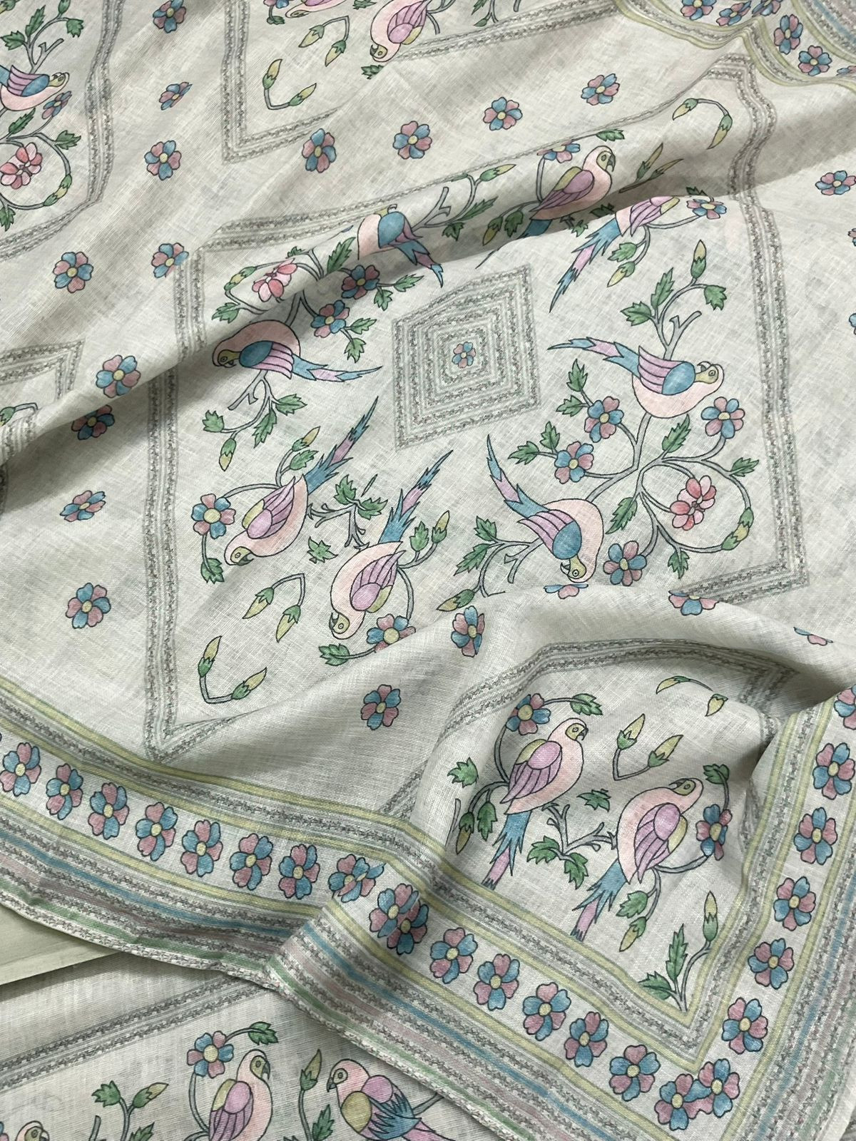 Soft Fine Linen Jute Cotton Printed Embroidered Suit - Grey