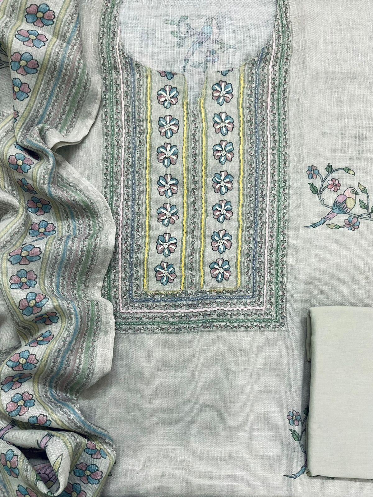Soft Fine Linen Jute Cotton Printed Embroidered Suit - Grey