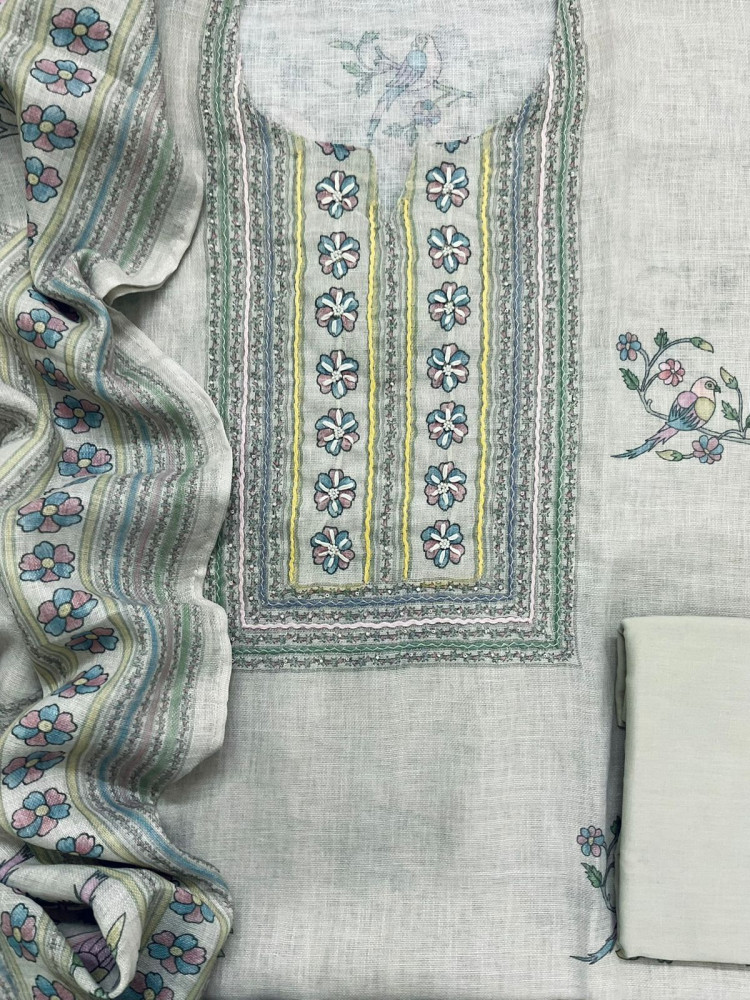 Image of Soft Fine Linen Jute Cotton Printed Embroidered Suit - Grey