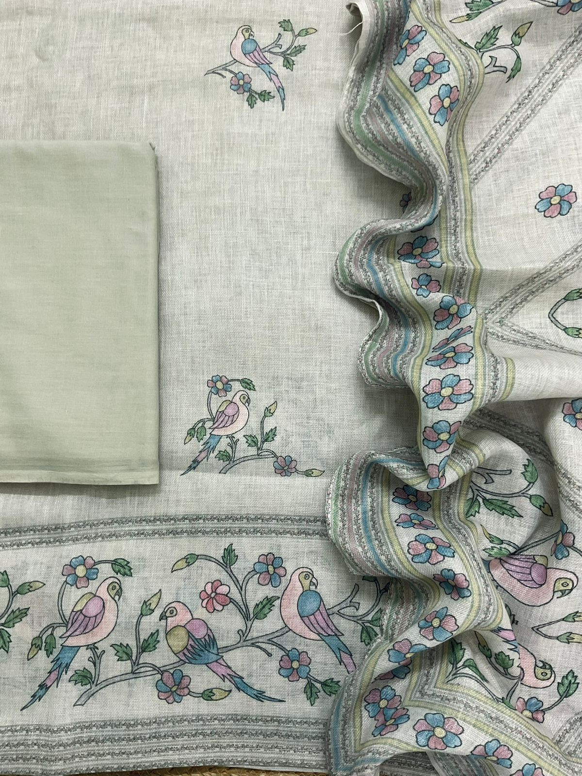 Soft Fine Linen Jute Cotton Printed Embroidered Suit - Grey