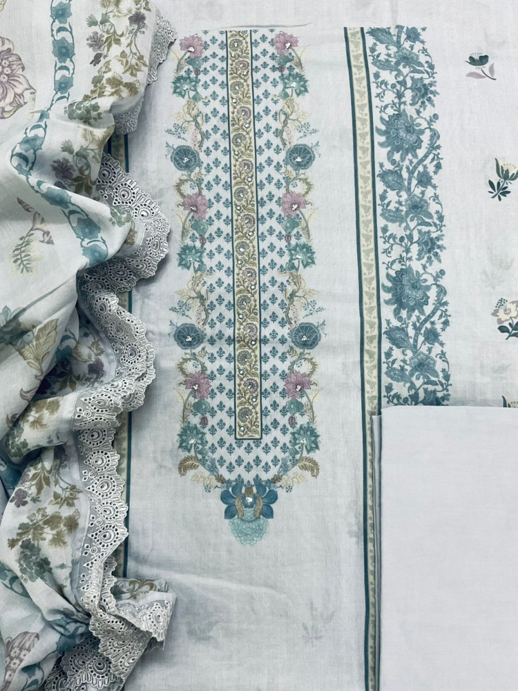 Image of Pure Fine Lawn Cotton Printed Embroidered Suit - Grey