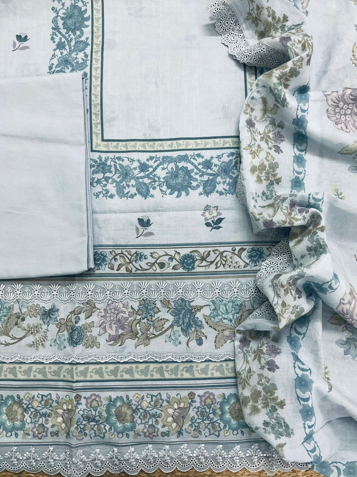 Pure Fine Lawn Cotton Printed Embroidered Suit - Grey