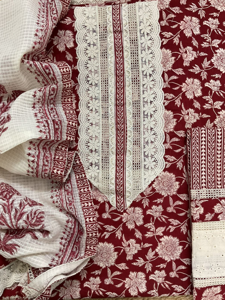 Image of Pure Fine Cotton Printed Embroidered Suit - Maroon