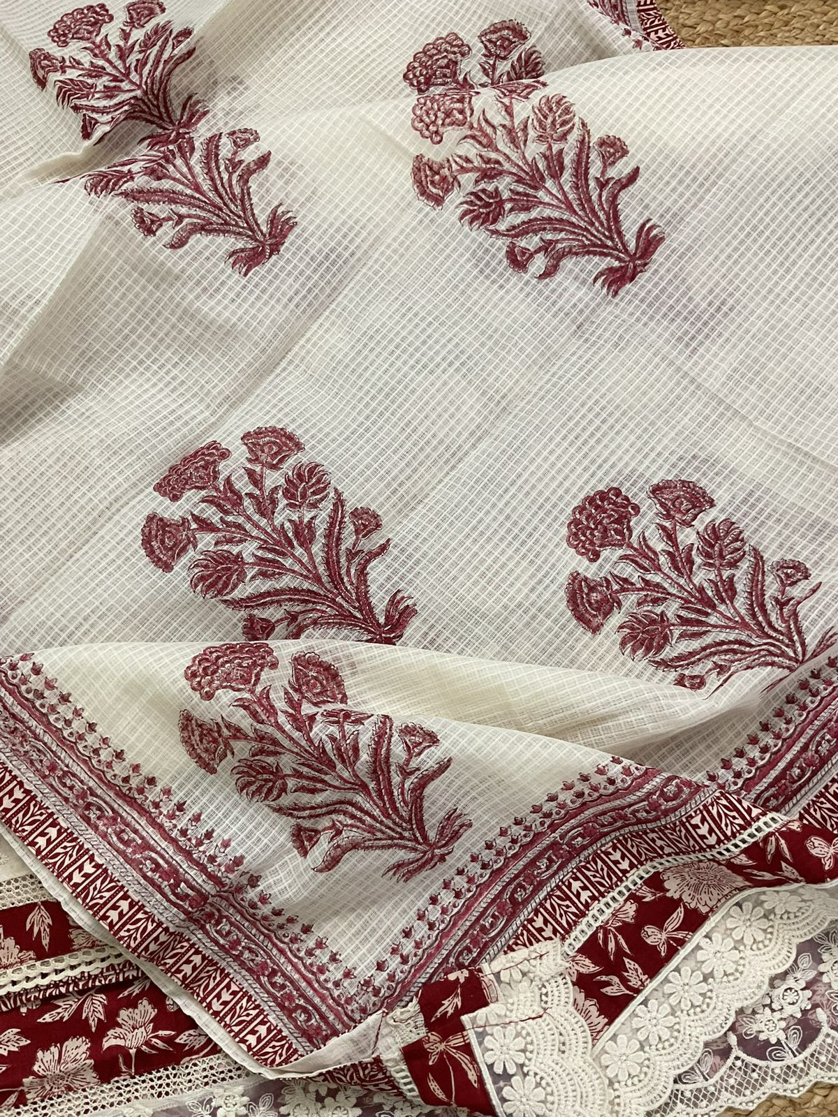 Pure Fine Cotton Printed Embroidered Suit - Maroon