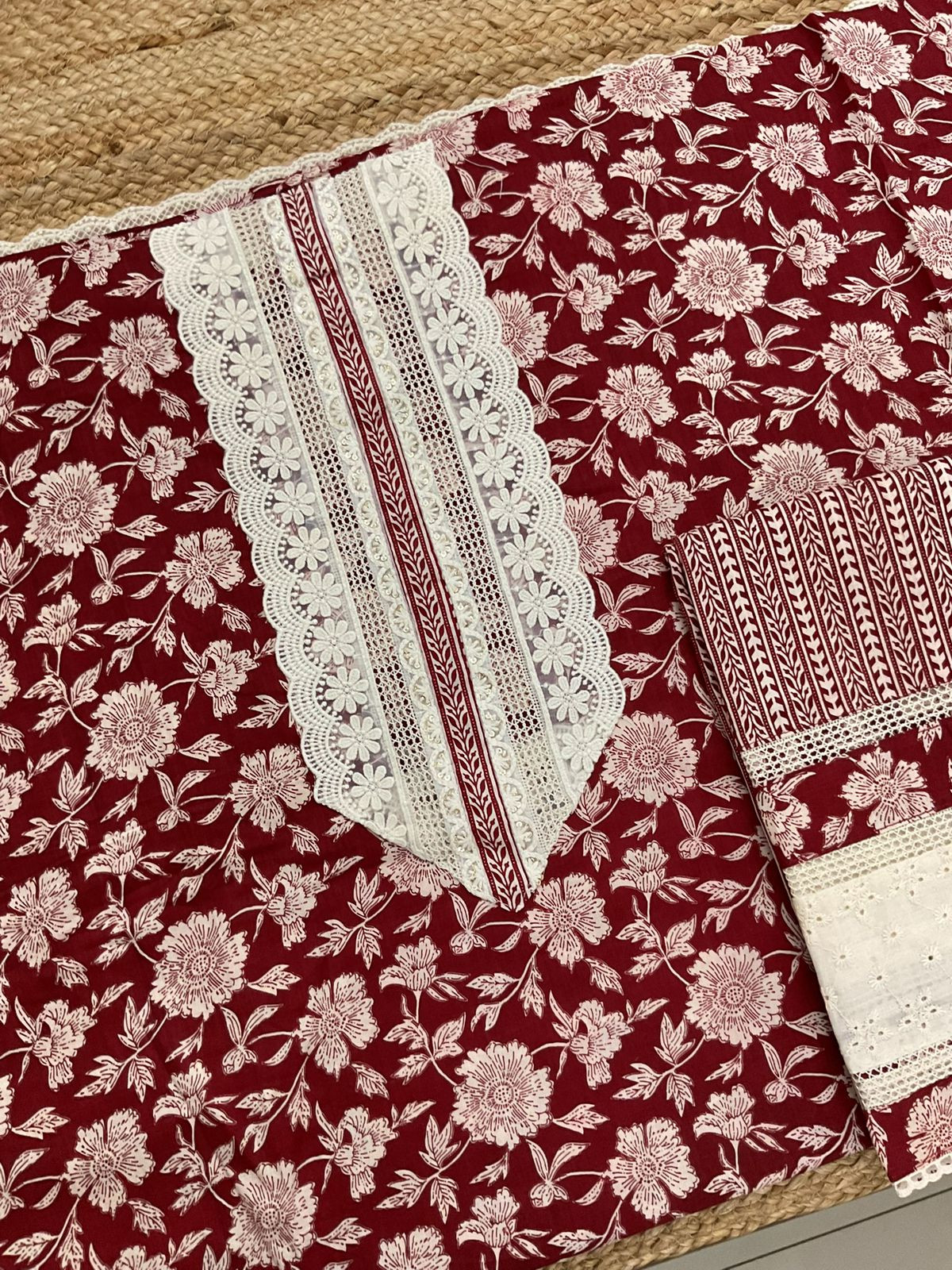 Pure Fine Cotton Printed Embroidered Suit - Maroon