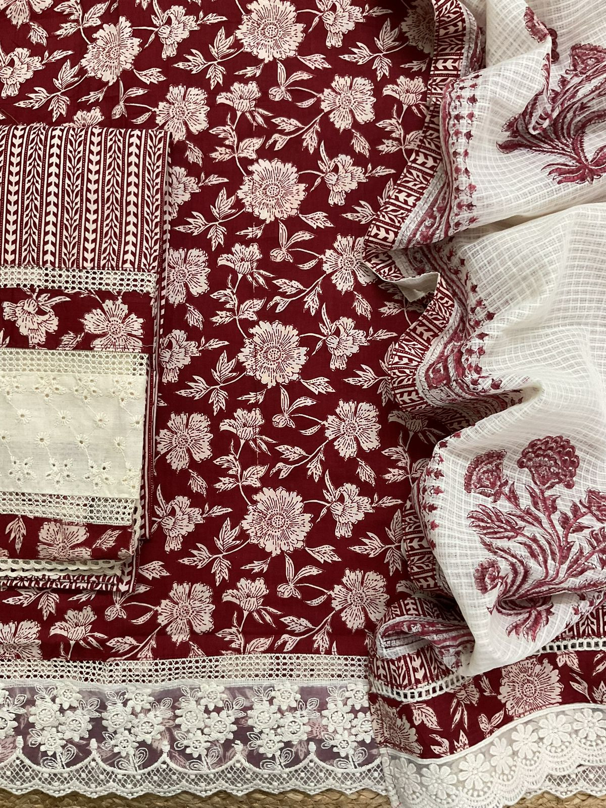 Pure Fine Cotton Printed Embroidered Suit - Maroon