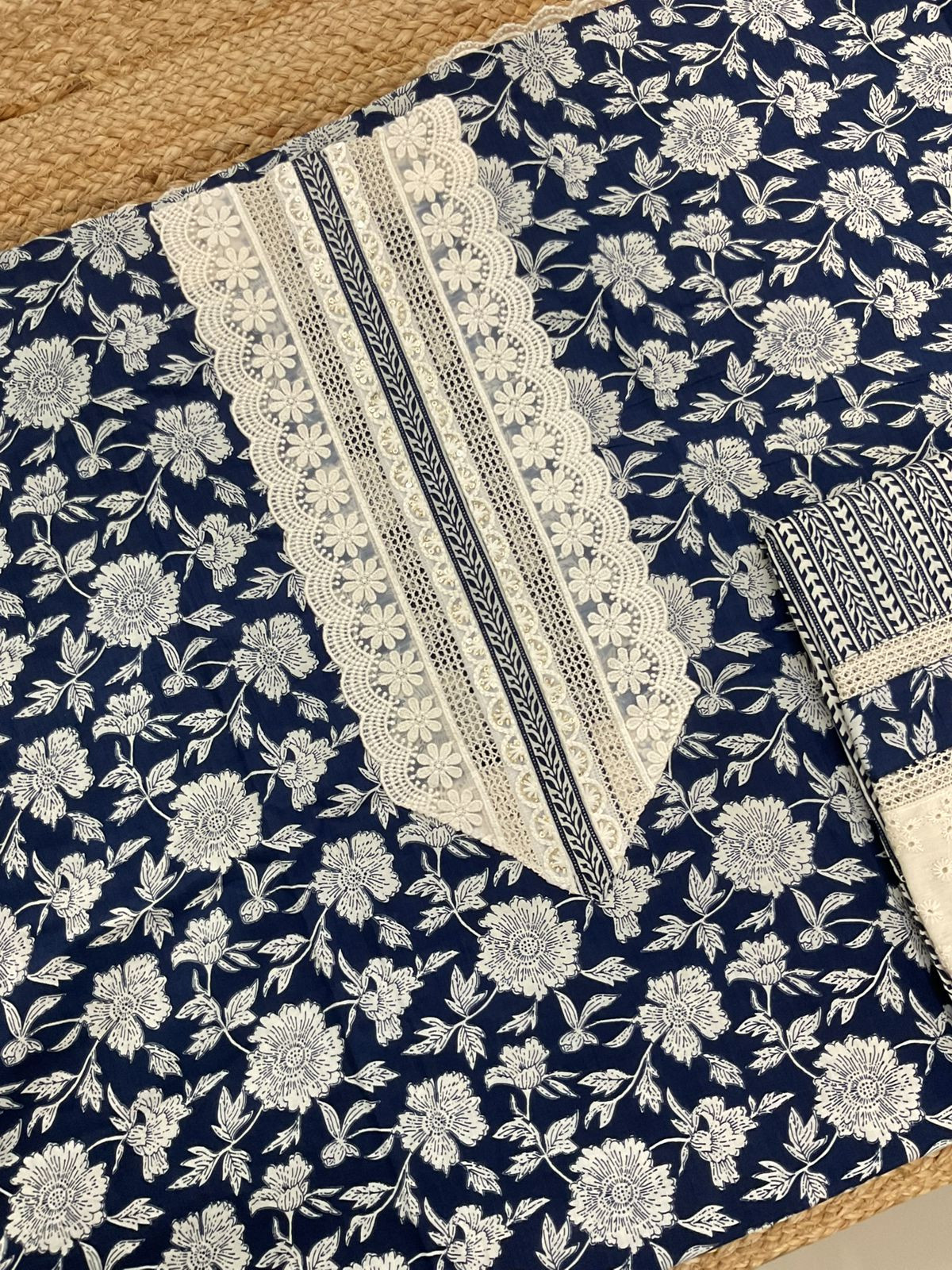 Pure Fine Cotton Printed Embroidered Suit - Blue