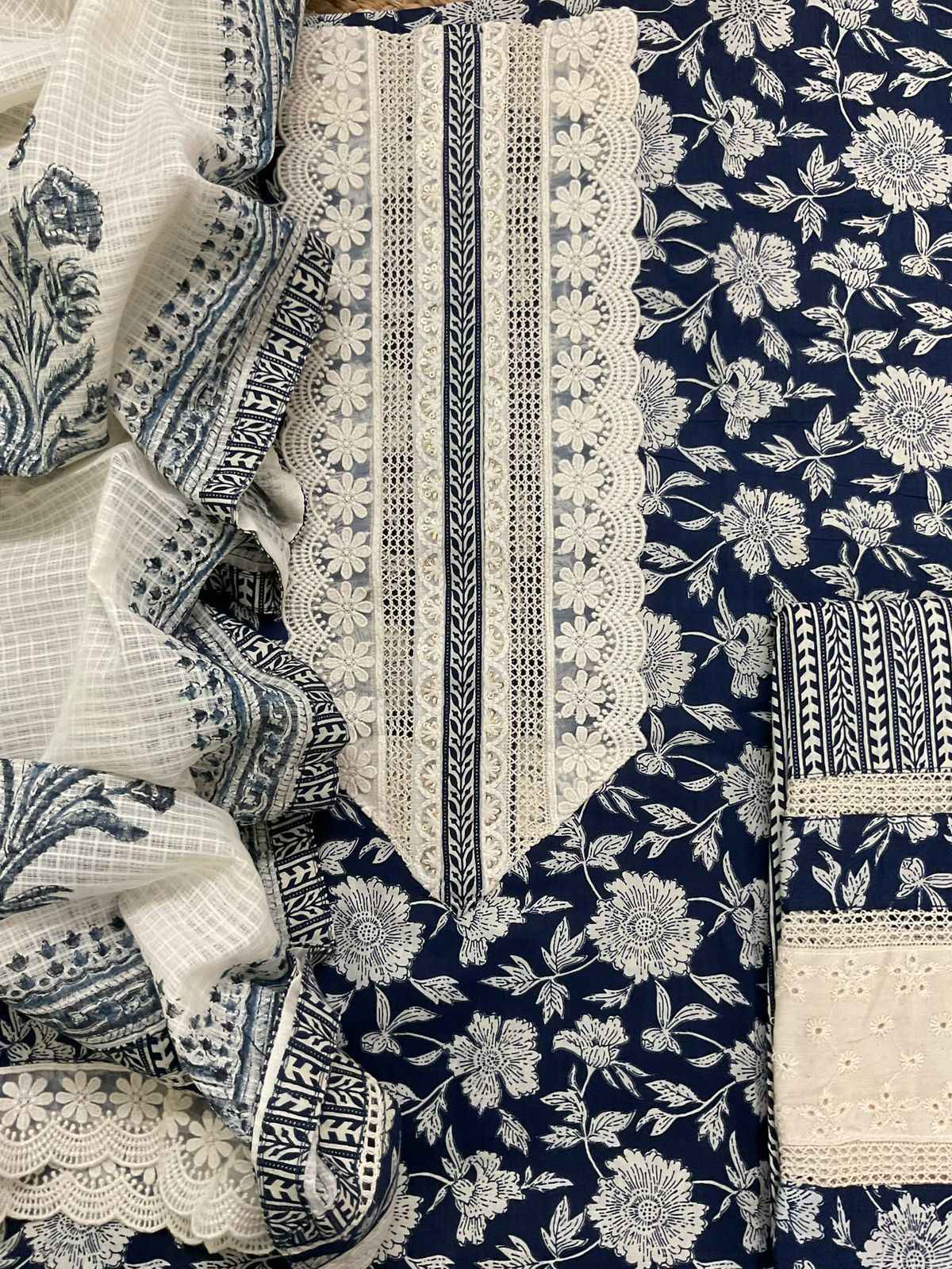 Pure Fine Cotton Printed Embroidered Suit - Blue