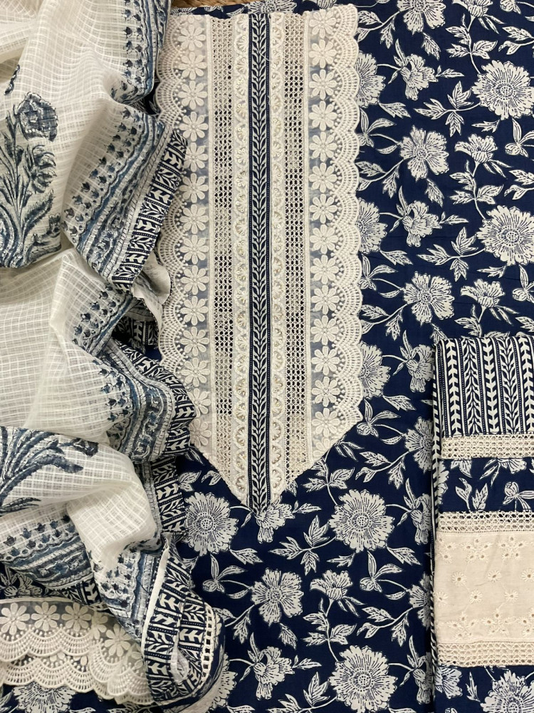 Image of Pure Fine Cotton Printed Embroidered Suit - Blue