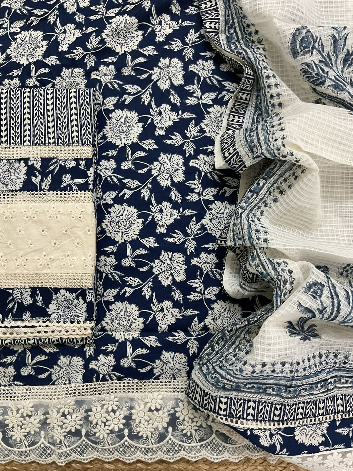 Pure Fine Cotton Printed Embroidered Suit - Blue