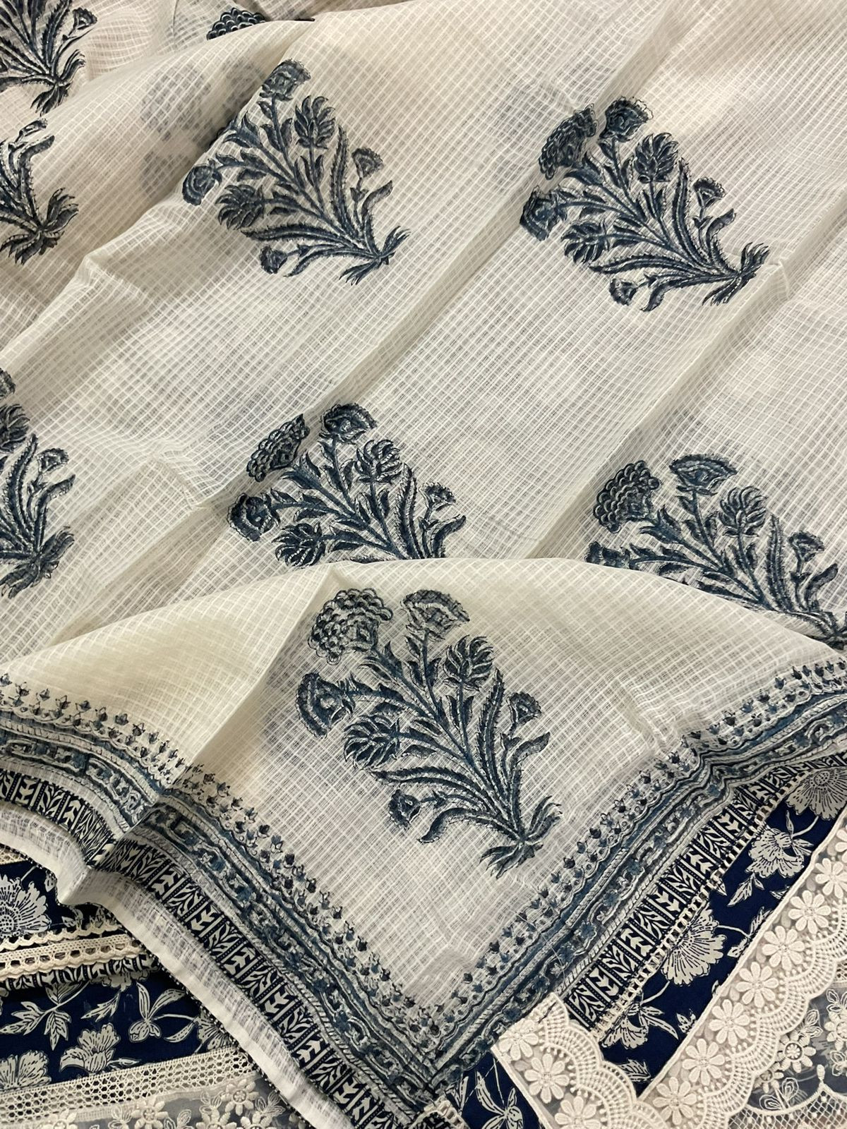 Pure Fine Cotton Printed Embroidered Suit - Blue