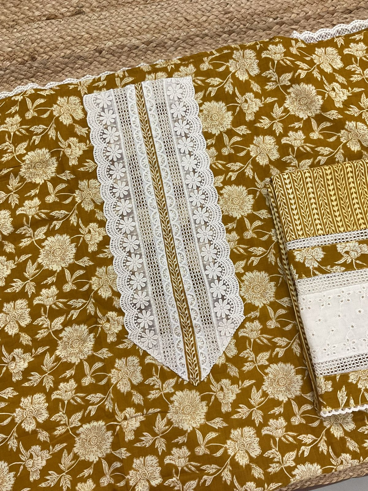 Pure Fine Cotton Printed Embroidered Suit - Yellow