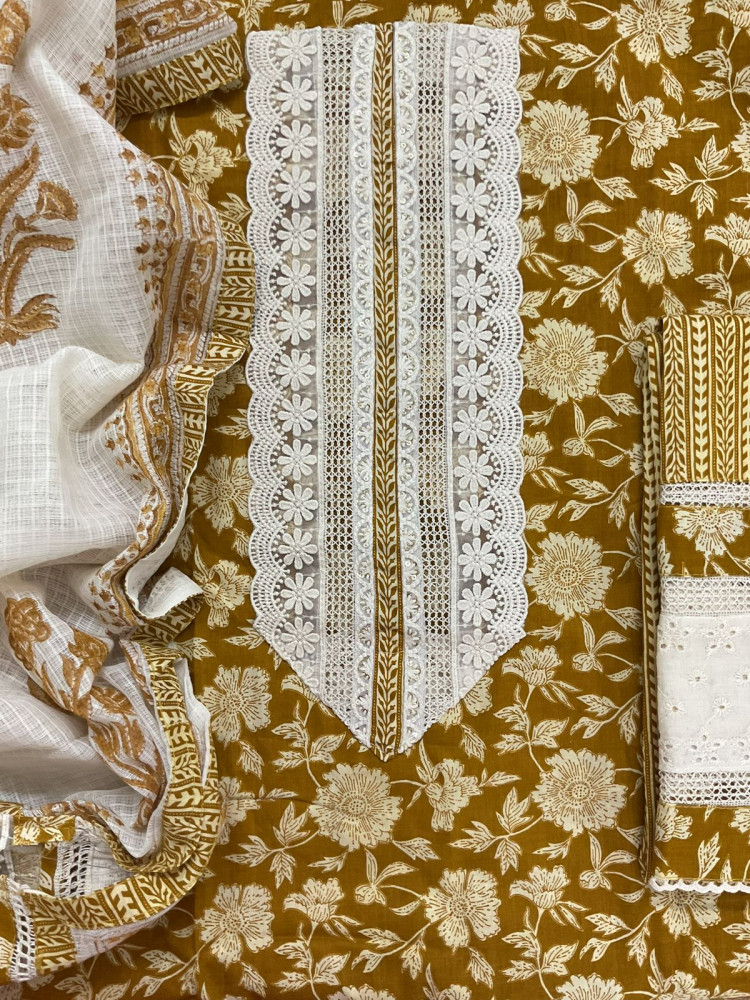 Image of Pure Fine Cotton Printed Embroidered Suit - Yellow