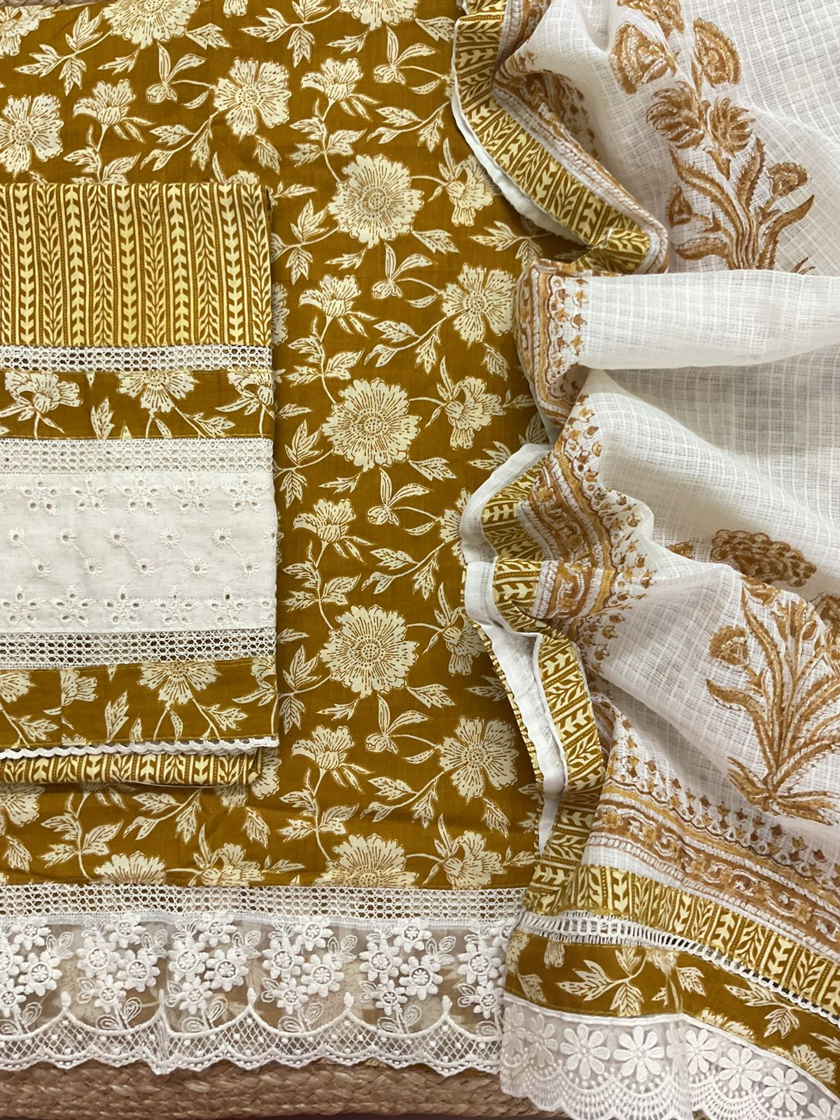 Pure Fine Cotton Printed Embroidered Suit - Yellow
