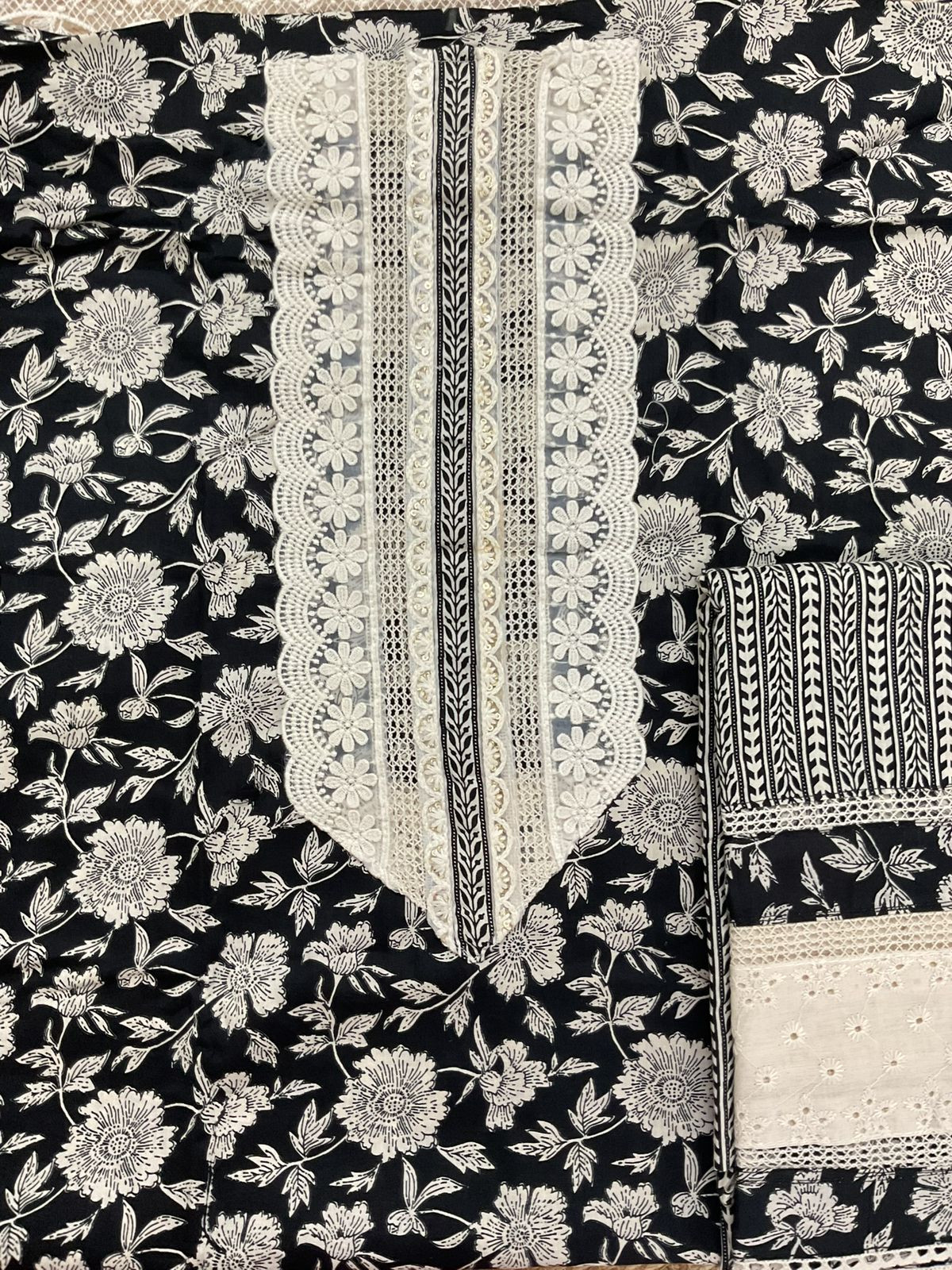 Pure Fine Cotton Printed Embroidered Suit - Black
