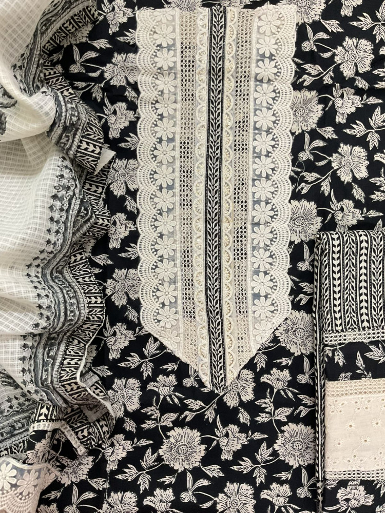 Image of Pure Fine Cotton Printed Embroidered Suit - Black